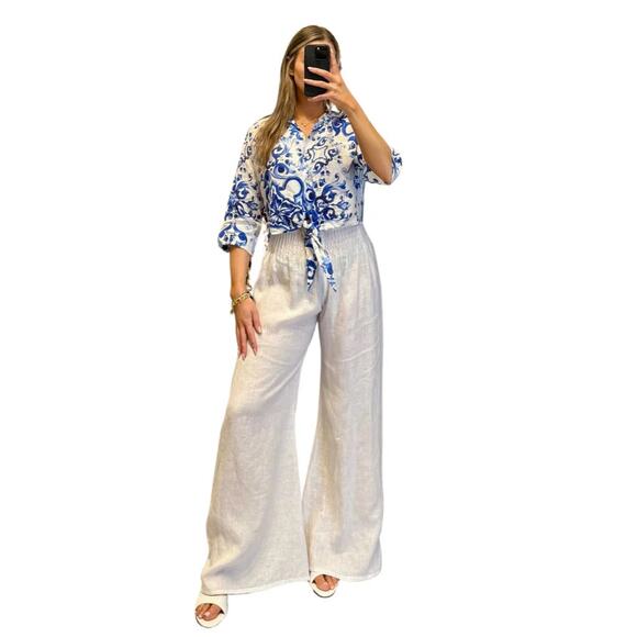 Luisa Positano Pants - Luisa Positano White Wide Leg Pants 100% Linen Elastic Waist Resort Trousers